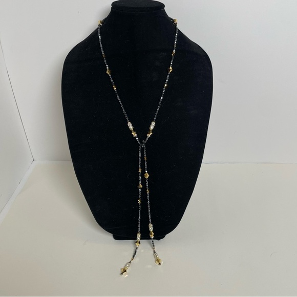 Gorgeous Lariat Necklace with sparkling black, gold tone and rhinestones accents - Picture 1 of 8